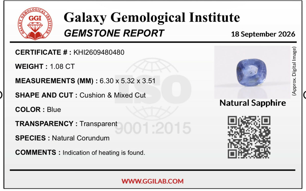 Natural Sapphire loose gemstone 1.08 carats GGI Certified