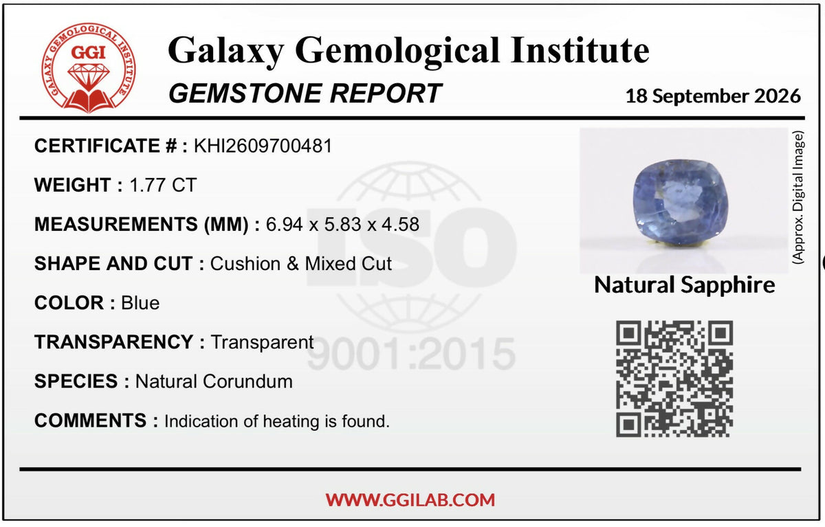 Natural Sapphire loose gemstone 1.77 carats GGI Certified